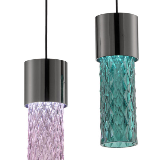 The Modern Faceted Crystal Pendant Lights feature textured glass shades, one boasting a light pink hue and the other a teal hue, both with an intricate diamond-like pattern. They are elegantly topped with sleek black cylindrical caps and suspended by black cords.