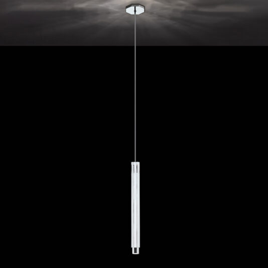 The Modern Geometric Pendant Light dangles from the ceiling, featuring a sleek cylindrical body that emits a soft glow. Suspended by a thin, black cord and set against a dark background, the clean and minimalist design of this modern lighting fixture stands out.