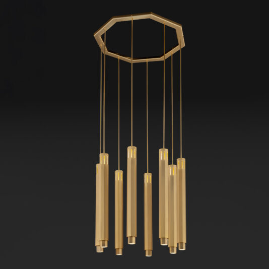 The Modern Geometric Pendant Style Chandelier features an octagonal frame with eight cylindrical pendant lights suspended at different lengths, all set against a dark backdrop.