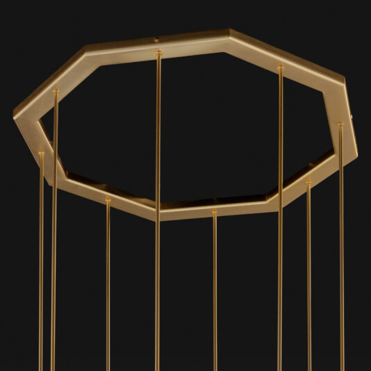 The Modern Geometric Pendant Style Chandelier hangs against a black background, featuring a gold-colored light fixture with an octagonal frame and vertical rods extending downward from each corner. The design combines elegance and minimalism, embodying contemporary style.