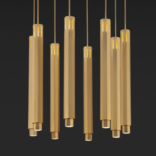 The Modern Geometric Pendant Style Chandelier showcases an array of vertical, cylindrical gold pendants suspended at different heights against a dark backdrop. Each cylinder emits a warm, inviting glow from both the top and bottom.