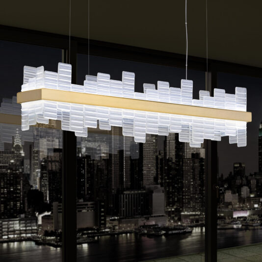 Modern Rectangular Venetian Glass Chandelier The Modern Rectangular Venetian Glass Chandelier features a wooden base and numerous translucent, vertical, rectangular glass pieces. It is suspended from the ceiling over a window showcasing a nighttime cityscape with illuminated skyscrapers against the dark sky.