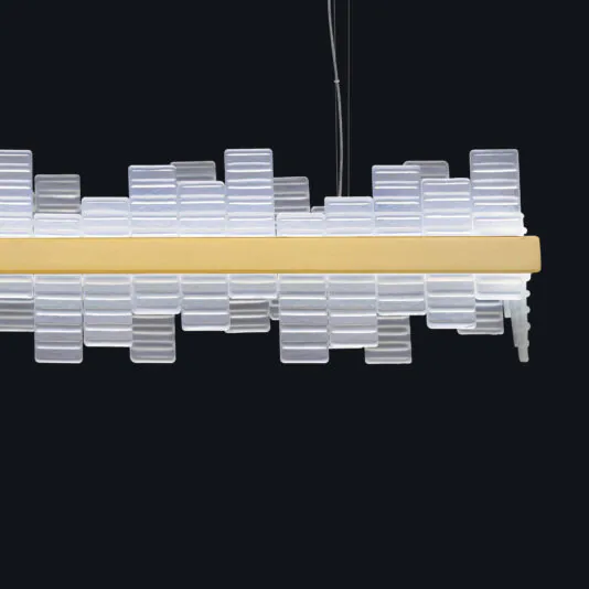 Modern Rectangular Venetian Glass Chandelier The Modern Rectangular Venetian Glass Chandelier showcases interlocking, translucent, horizontal panels hanging from thin black wires against a black background, epitomizing sleek and geometric aesthetics.