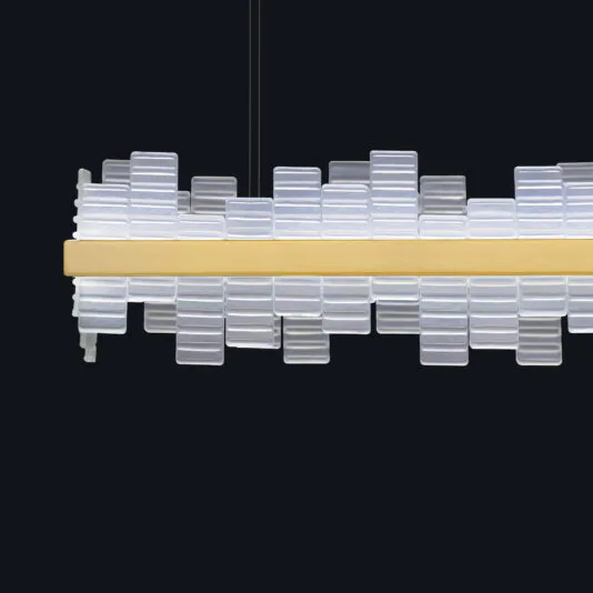 Modern Rectangular Venetian Glass Chandelier The Modern Rectangular Venetian Glass Chandelier boasts a golden frame and features clustered, translucent rectangular blocks suspended in two rows. These blocks form a striking geometric pattern against the black background.