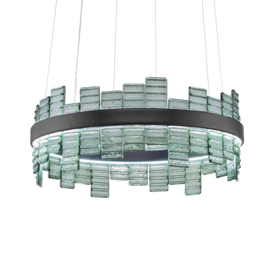 The Modern Round Venetian Glass Chandelier showcases a sleek, metallic frame embellished with staggered, rectangular pieces of Venetian glass to form a textured, segmented design. It is elegantly suspended by thin wires.