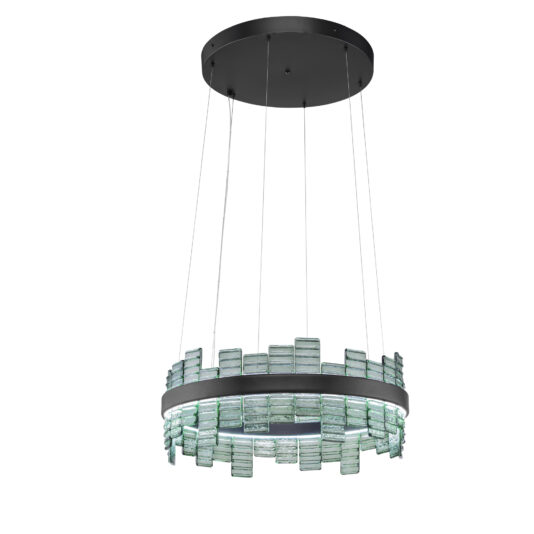 The Modern Round Venetian Glass Chandelier is suspended by thin wires from a sleek black ceiling mount. It showcases a ring of vertically aligned rectangular glass pieces with a textured surface, evenly spaced around the circle, contributing to its contemporary and elegant design.