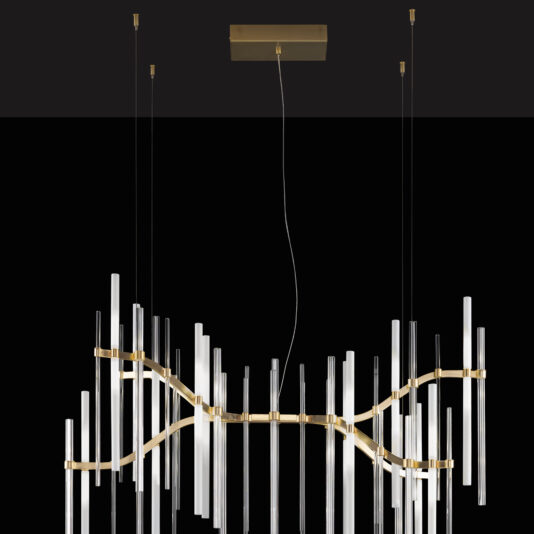 The Vertical Murano Glass Tube Modern Chandelier showcases a gold frame adorned with multiple vertical Murano glass tubes arranged in a wave pattern, and is elegantly suspended from the ceiling. Its design includes a rectangular gold base supported by multiple thin wires.
