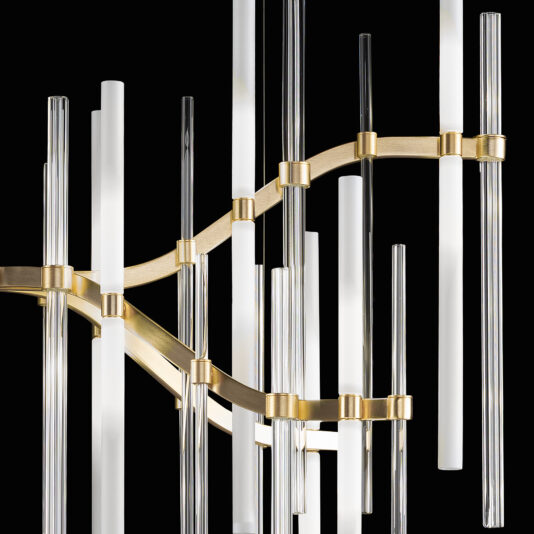 The Vertical Murano Glass Tube Modern Chandelier showcases vertical tube light fixtures made of Murano glass. Featuring a combination of frosted and clear glass rods, it is elegantly held together by brushed gold horizontal bands, creating a contemporary lighting piece against a black background.