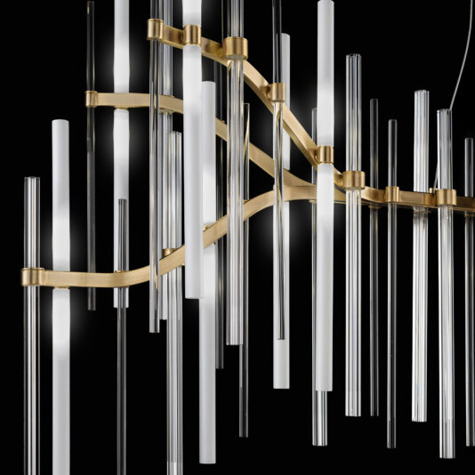The Vertical Murano Glass Tube Modern Chandelier is an elegant lighting fixture with a sleek golden metal frame adorned by vertically arranged cylindrical Murano glass and opaque light tubes of varying lengths, creating a dynamic and artistic feature against a dark background.