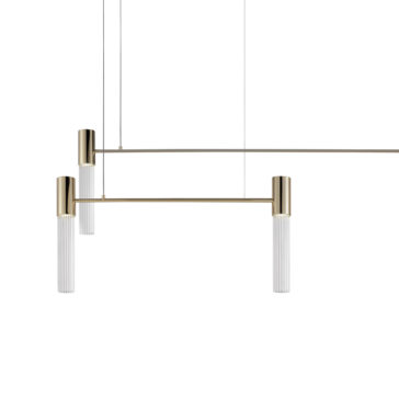 Large Contemporary Modular Glass Tube Chandelier The Large Contemporary Modular Glass Tube Chandelier features a minimalist modern design with two vertical, cylindrical glass shades suspended by thin rods from a horizontal metal bar. The fixture is accented with sleek brass details, creating an elegant and expansive look.