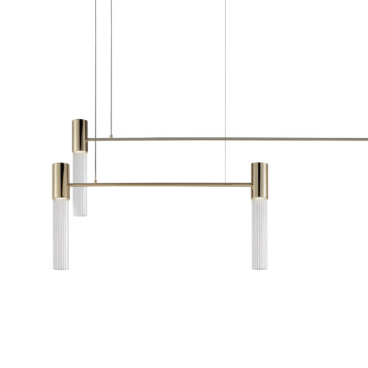 The Large Contemporary Modular Glass Tube Chandelier features a minimalist modern design with two vertical, cylindrical glass shades suspended by thin rods from a horizontal metal bar. The fixture is accented with sleek brass details, creating an elegant and expansive look.