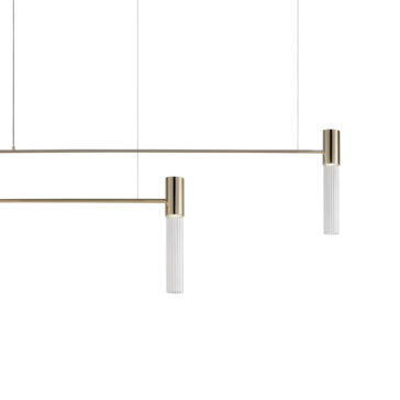 Large Contemporary Modular Glass Tube Chandelier The Large Contemporary Modular Glass Tube Chandelier features a minimalist design with two cylindrical white lights suspended from thin wires. Each light is attached to a sleek, horizontal metal rod finished in gold, offering a modern and elegant aesthetic perfect for contemporary interiors.