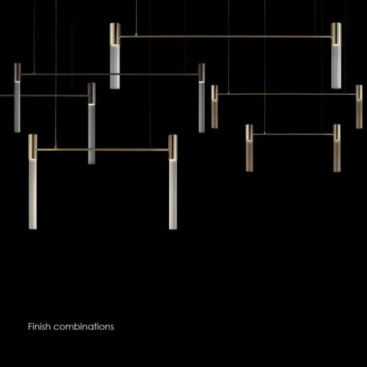The Large Contemporary Modular Glass Tube Chandelier is displayed against a black background, showcasing its minimalist design with vertical and horizontal cylindrical rods in various metallic finishes such as black, gold, and silver. Glass tubes add a modular touch to the chandelier. The text 