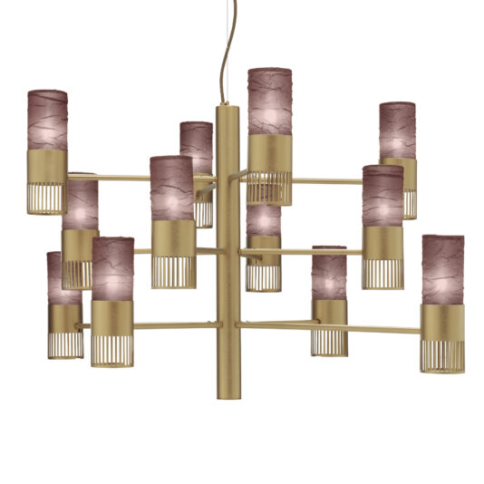 The Modern Tiered Chandelier With Shades features a central vertical rod with multiple horizontal arms, each adorned with cylindrical light fixtures. The fixtures have gold bases embellished with grill-like accents and are topped off with marbled, purple-tinted glass shades.