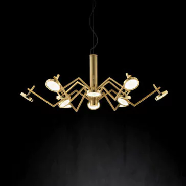 Statement Contemporary Chandelier The Statement Contemporary Chandelier features a sophisticated gold color and an intricate geometric design, with multiple arms extending outward. Each arm holds a circular light that emits a warm glow, set against a stark black background.