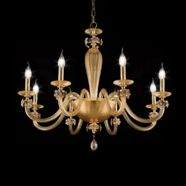 8 Arm Hand Blown Glass Chandelier With Flowers The 8 Arm Hand Blown Glass Chandelier With Flowers is a luxurious piece with a central bowl shape and eight gracefully curved arms, each holding a candle-shaped light bulb. Adorned with decorative gold accents, hand-blown glass flowers, and crystal embellishments, it creates an elegant and sophisticated look against a black background.