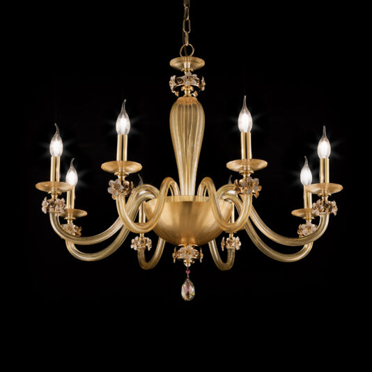 The 8 Arm Hand Blown Glass Chandelier With Flowers is a luxurious piece with a central bowl shape and eight gracefully curved arms, each holding a candle-shaped light bulb. Adorned with decorative gold accents, hand-blown glass flowers, and crystal embellishments, it creates an elegant and sophisticated look against a black background.