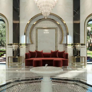 Art Deco Inspired Square Side Table An opulent interior showcasing a plush red velvet sofa adorned with matching red cushions is set against an intricately designed arched alcove, bordered by mirror-paneled walls and embellished with gold accents. Overhead, a magnificent chandelier illuminates the space, complemented by an Art Deco Inspired Square Side Table that adds a touch of sophistication. The marble-tiled floor guides the eye towards an elegant, petite fountain resting in the foreground.