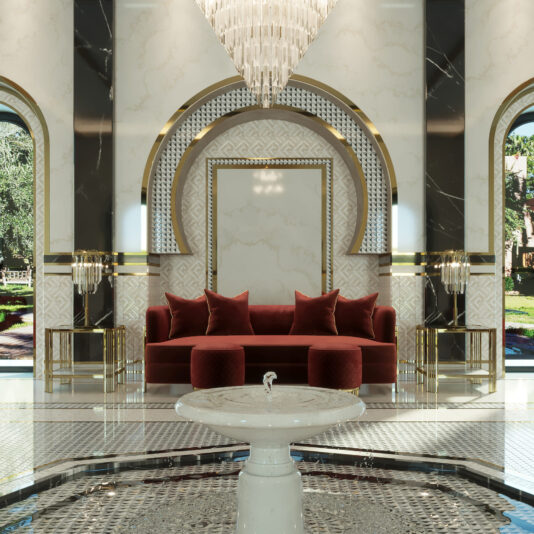 An opulent interior showcasing a plush red velvet sofa adorned with matching red cushions is set against an intricately designed arched alcove, bordered by mirror-paneled walls and embellished with gold accents. Overhead, a magnificent chandelier illuminates the space, complemented by an Art Deco Inspired Square Side Table that adds a touch of sophistication. The marble-tiled floor guides the eye towards an elegant, petite fountain resting in the foreground.