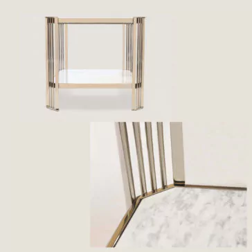Art Deco Inspired Square Side Table The Art Deco Inspired Square Side Table is a modern piece featuring a gold metal frame accompanied by a white marble top and lower shelf. Its vertical gold rods serve as legs, creating an open and elegant design. The second image offers a close-up view of the marble surface and the gold frame.