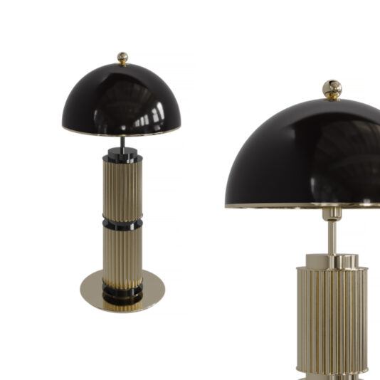 The Black Mid Century Style Table Lamp is a modern piece featuring a dome-shaped black shade and a golden cylindrical base with ribbed detailing. It has a golden accent knob on top and stands on a circular golden base. The image highlights the close-up details of the lamp's shade and part of its base.