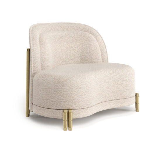 The Contemporary Curved Velvet Armchair features a plush, cream-colored velvet upholstery with a soft, textured appearance. Its modern and elegant design includes a curved backrest and rounded seat, supported by gold metallic legs.