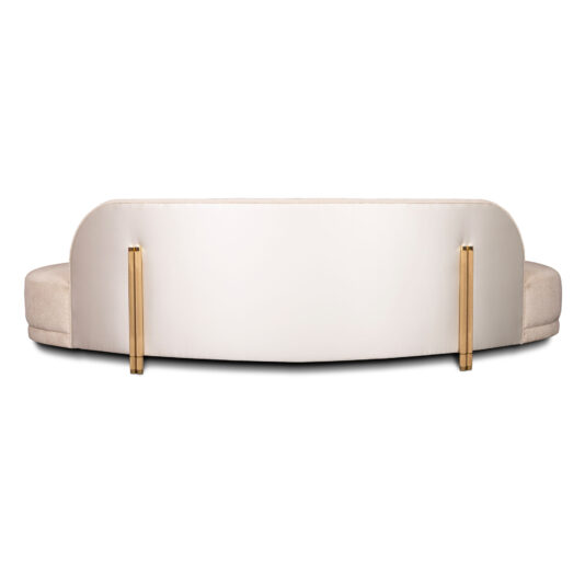 Contemporary Curved Velvet Sofa A rear view of an elegant, modern white sofa with a curved backrest, supported by two sleek gold metal legs. The design is minimalist, with a smooth surface and no visible cushions on this side. The sofa is set against a plain white background.