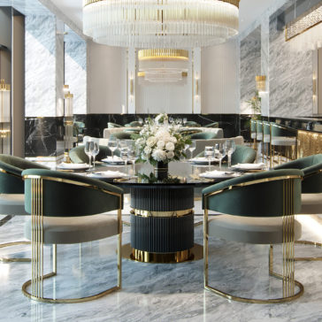 Contemporary Lacquered Round Dining Set A luxurious dining room showcasing the Contemporary Lacquered Round Dining Set with a flower arrangement centerpiece, surrounded by green upholstered chairs accented with gold. The room features marble floors, modern light fixtures, and sleek, elegant decor in shades of gray, white, and gold.