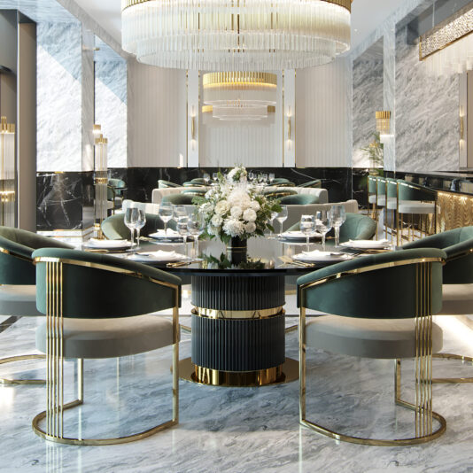Contemporary Lacquered Round Dining Set A luxurious dining room showcasing the Contemporary Lacquered Round Dining Set with a flower arrangement centerpiece, surrounded by green upholstered chairs accented with gold. The room features marble floors, modern light fixtures, and sleek, elegant decor in shades of gray, white, and gold.