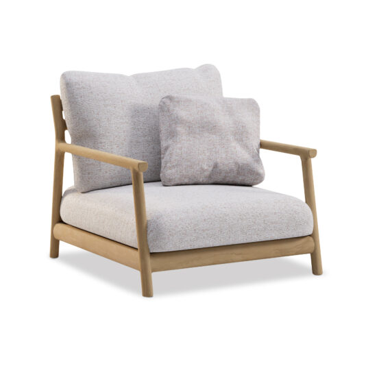 Introducing the Contemporary Outdoor Deep Teak Armchair, a modern piece that boasts a deep teak wood frame and soft, light gray cushions. This minimalist design features a wide seat and includes both a small back cushion positioned against a larger one. Its contemporary and inviting aesthetic makes it ideal for outdoor relaxation.