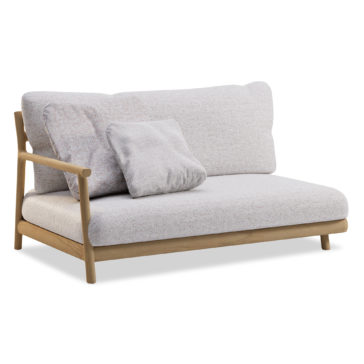 Contemporary Outdoor Teak Garden Set A modern, light-gray fabric loveseat featuring a wooden frame comes with two matching gray cushions, one larger square and one smaller rectangular. Its minimalist design with clean lines makes it a perfect addition to any Contemporary Outdoor Teak Garden Set.