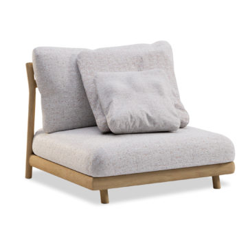 Contemporary Outdoor Teak Garden Set A modern, minimalist lounge chair with a light wood frame and soft, light gray upholstery. The chair features a plush seat cushion, a large back cushion, and an additional smaller cushion for extra comfort and support. This sleek design complements the Contemporary Outdoor Teak Garden Set seamlessly.