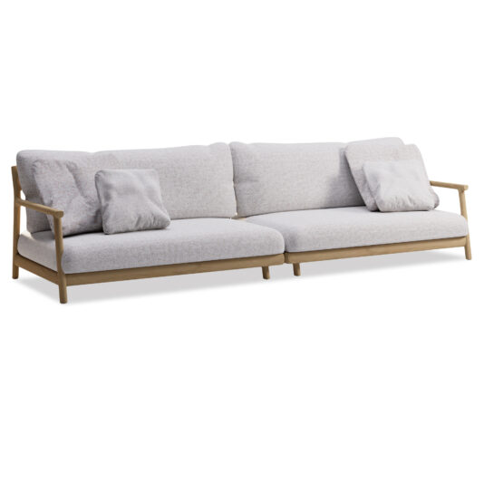 The Contemporary Outdoor Teak Sofa is a modern, light gray seating option with a wooden frame and armrests. This sofa includes two seat cushions, two backrest cushions, and four decorative throw pillows. Its sleek and minimalist design makes it ideal for stylish living spaces.