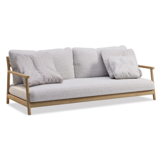 Introducing the Contemporary Outdoor Teak Sofa: a modern beige seating option featuring a durable teak wooden frame and stylish armrests. Complete with three large, plush back pillows and two smaller decorative side cushions, it offers exceptional comfort and an inviting atmosphere. Ideal for any outdoor setting, this sofa showcases a minimalist and sleek design that enhances any space.