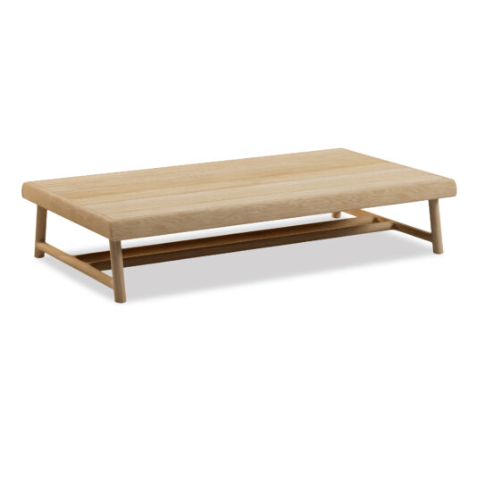 The Contemporary Slatted Teak Outdoor Coffee Table is a rectangular wooden piece with a smooth, light wood finish. It boasts simple, clean lines and includes a lower shelf supported by four cylindrical legs. The minimalist design emphasizes both functionality and aesthetic simplicity, drawing inspiration from classic teak outdoor coffee tables.