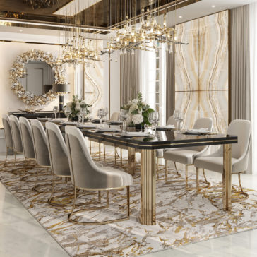 Contemporary Two-Tone Dining Chair A luxurious dining room showcases a spacious table surrounded by Contemporary Two-Tone Dining Chairs. The table is elegantly set with plates, glasses, and floral centerpieces. Overhead, modern chandeliers illuminate the space from a reflective ceiling. The walls are adorned with a marble-like design, while a decorative mirror enhances one wall’s aesthetic appeal.