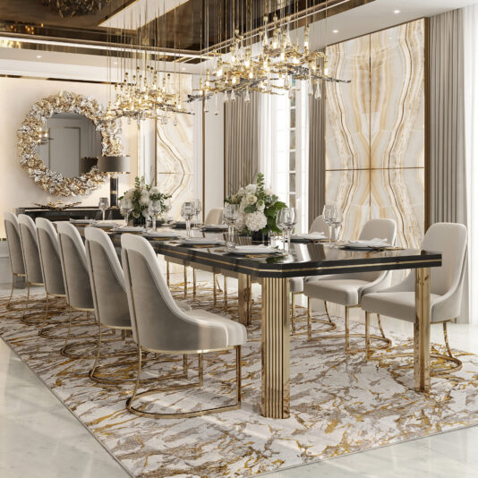 A luxurious dining room showcases a spacious table surrounded by Contemporary Two-Tone Dining Chairs. The table is elegantly set with plates, glasses, and floral centerpieces. Overhead, modern chandeliers illuminate the space from a reflective ceiling. The walls are adorned with a marble-like design, while a decorative mirror enhances one wall’s aesthetic appeal.