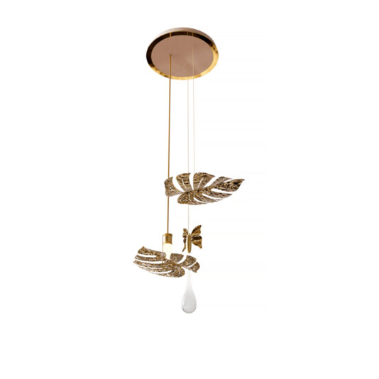 The Glass Pendant Light Inspired By Nature is a decorative ceiling fixture featuring a circular gold mount. Hanging from it are intricate, gold-toned metallic leaves and a butterfly, as well as a teardrop-shaped glass pendant, showcasing elegant design elements throughout.