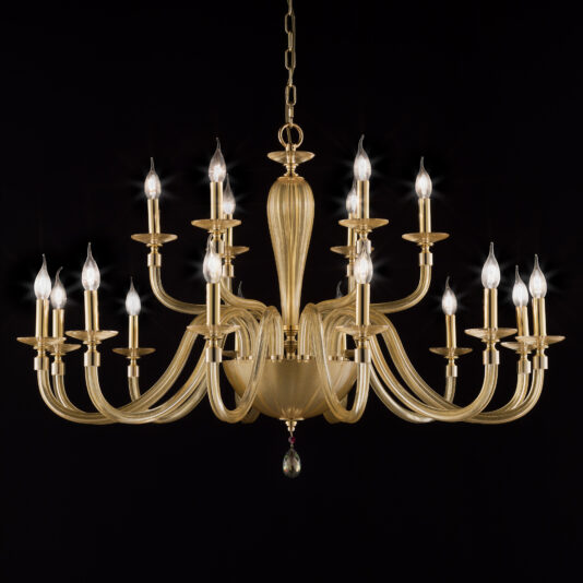 Hand Blown Gold Sheen Glass Chandelier The Hand Blown Gold Sheen Glass Chandelier boasts 16 candle-like bulbs elegantly displayed on gracefully curved arms, all set against a black background. Showcasing a meticulously detailed central column and an ornate design, this chandelier exudes sophistication and luxury with its exquisite hand-blown gold sheen glass detailing.
