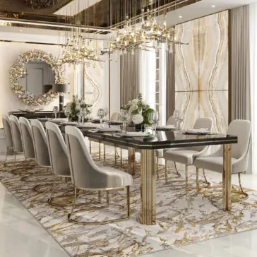 Large Contemporary Rectangular Dining Table A luxurious dining room features a Large Contemporary Rectangular Dining Table, elegantly set for ten. Golden accents on the chairs and table legs harmonize with the white and gold tones in the expansive wall decor and marble-like finishes. A modern chandelier hangs overhead, while a large circular mirror amplifies the room's elegance.