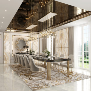 A luxurious dining room with a Large Contemporary Rectangular Dining Table set for a meal. The room features gold accents, modern chandeliers, white and gold marble flooring, and floor-to-ceiling windows with curtains. A large circular mirror with a gold frame hangs on the back wall.