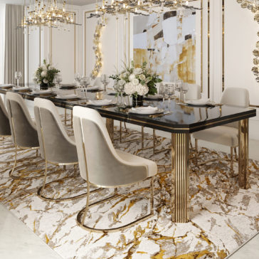 Large Contemporary Rectangular Dining Table A luxurious dining room features a Large Contemporary Rectangular Dining Table set with fine china, utensils, and decorated with vases of white flowers. Plush grey and white chairs surround the table, and a stylish chandelier hangs above. The walls are adorned with modern art and mirrors.