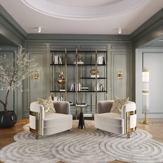 A sophisticated living room features two Modern Curved Armchairs with patterned cushions, facing each other on a circular, textured area rug. Behind them, a gold and black bookshelf displays books and decorative items. The room includes a potted tree and a modern floor lamp.