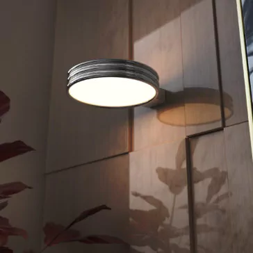 Modern Spot Style Wall Light The Modern Spot Style Wall Light illuminates a wooden wall with a soft, warm glow. Shadows cast from nearby plant leaves create an interesting pattern on the wall. The light features a sleek, circular design with a metallic finish.