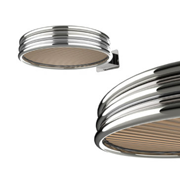 Modern Spot Style Wall Light The image features two Modern Spot Style Wall Lights with a sleek chrome finish and a ribbed wooden texture on the inside surface. One light is mounted on the wall, while the other floats to showcase its design from different angles.