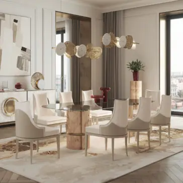 Modern Veneered Rectangular Glass Dining Set A modern dining room showcasing the Modern Veneered Rectangular Glass Dining Set with eight beige upholstered chairs. An abstract chandelier featuring circular designs hangs above the table. The room is adorned with large windows, neutral-colored walls, abstract art, decorative items, and a plant.