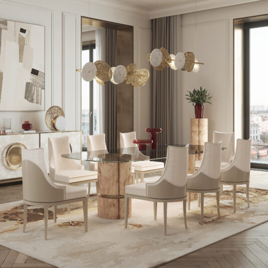 A modern dining room showcasing the Modern Veneered Rectangular Glass Dining Set with eight beige upholstered chairs. An abstract chandelier featuring circular designs hangs above the table. The room is adorned with large windows, neutral-colored walls, abstract art, decorative items, and a plant.