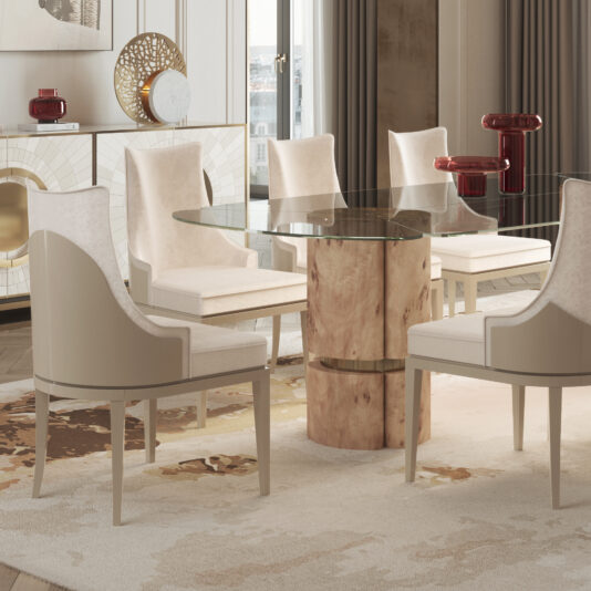 A modern dining room showcases the Modern Veneered Rectangular Glass Dining Set, featuring a sleek wooden base and six beige upholstered chairs. The scene is accented by a contemporary sideboard with gold detailing, complemented by red decorative items and a beige patterned rug beneath the table.