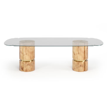 Modern Veneered Rectangular Glass Dining Table The Modern Veneered Rectangular Glass Dining Table features a sleek glass surface with rounded edges, supported by two cylindrical wooden bases that have a natural wood finish, adding a warm contrast to its contemporary design.