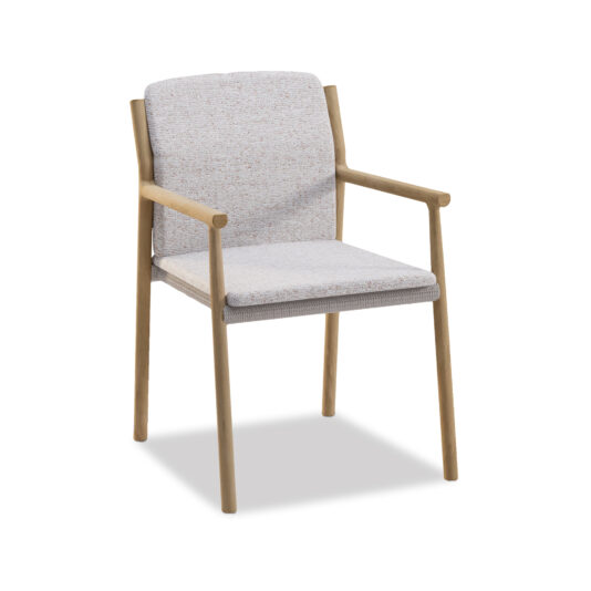 The Contemporary Outdoor Teak Dining Chair features armrests and a light gray cushioned seat and backrest. Its minimalist design showcases straight legs and a slightly angled backrest, embodying stylish contemporary outdoor comfort. Ideal for al fresco dining, the chair casts a soft shadow on a white background.